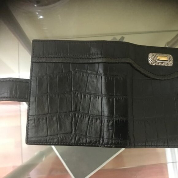 BRIGHTON Wallet Leather Crock Embossed Folio Clutch Bag Silver Hardware Black - Picture 6 of 7